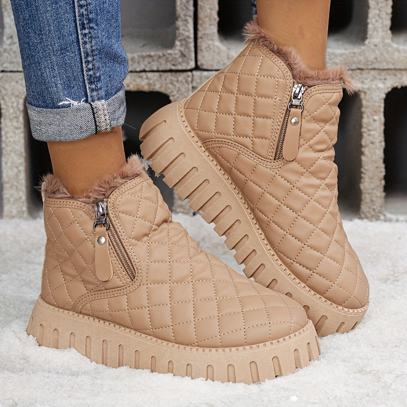 1pr Winter Warm Fleece-Lined Ankle Boots for Women - Casual Solid Color Round Toe Zippered Comfort Boots with Low Platform Heel, Non-Slip Rubber Sole, Fabric Insole - PU Upper, Fabric Lining - Thick Warm Snow Boots