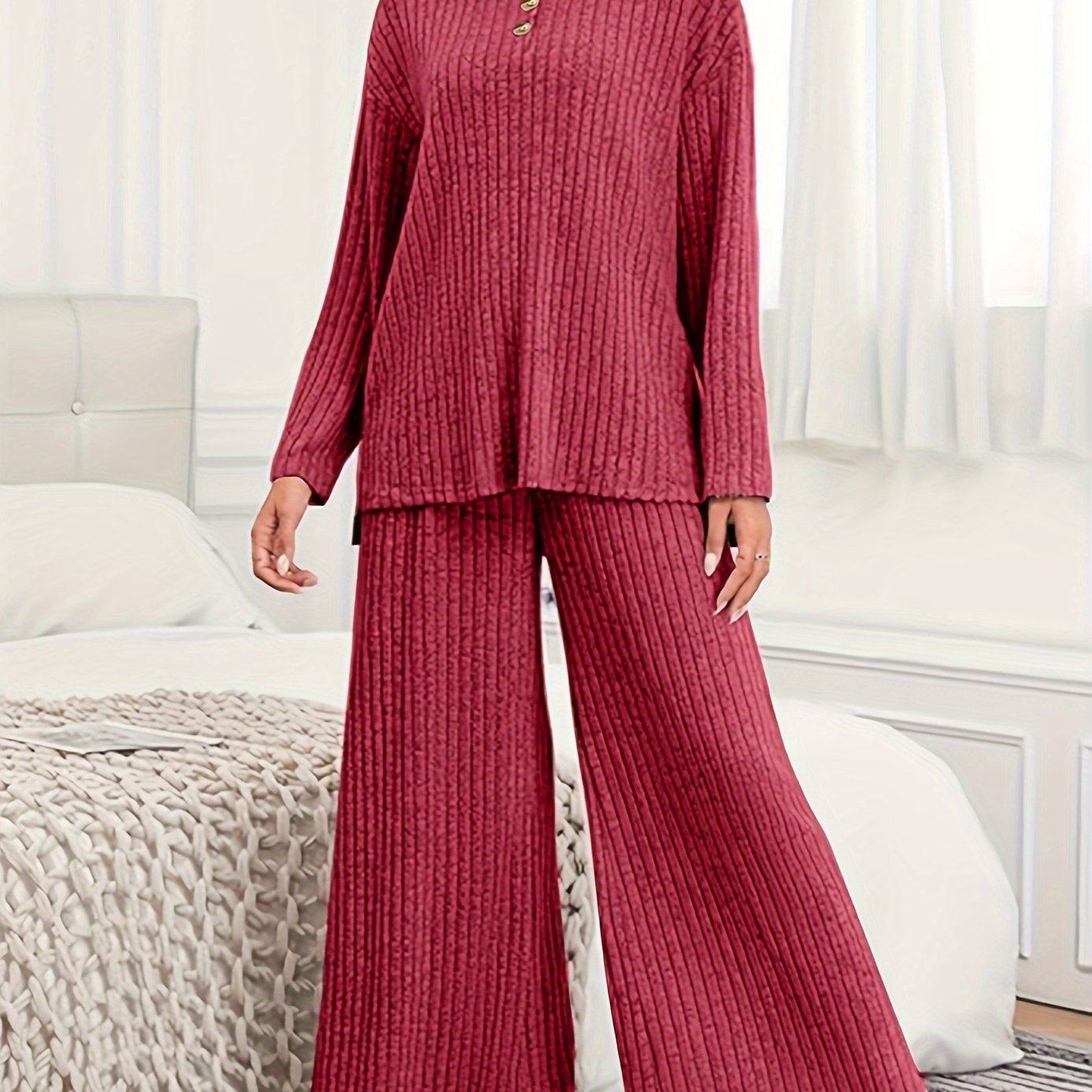 Plus Size Two-Piece Ribbed Crew Neck Outfit Set - Soft Medium Stretch Polyester Knit Fabric, Wide Leg Pants, Long Sleeve Top, Solid Color, No Printing, Casual Style - Womens Comfortable Plus Size Clothing