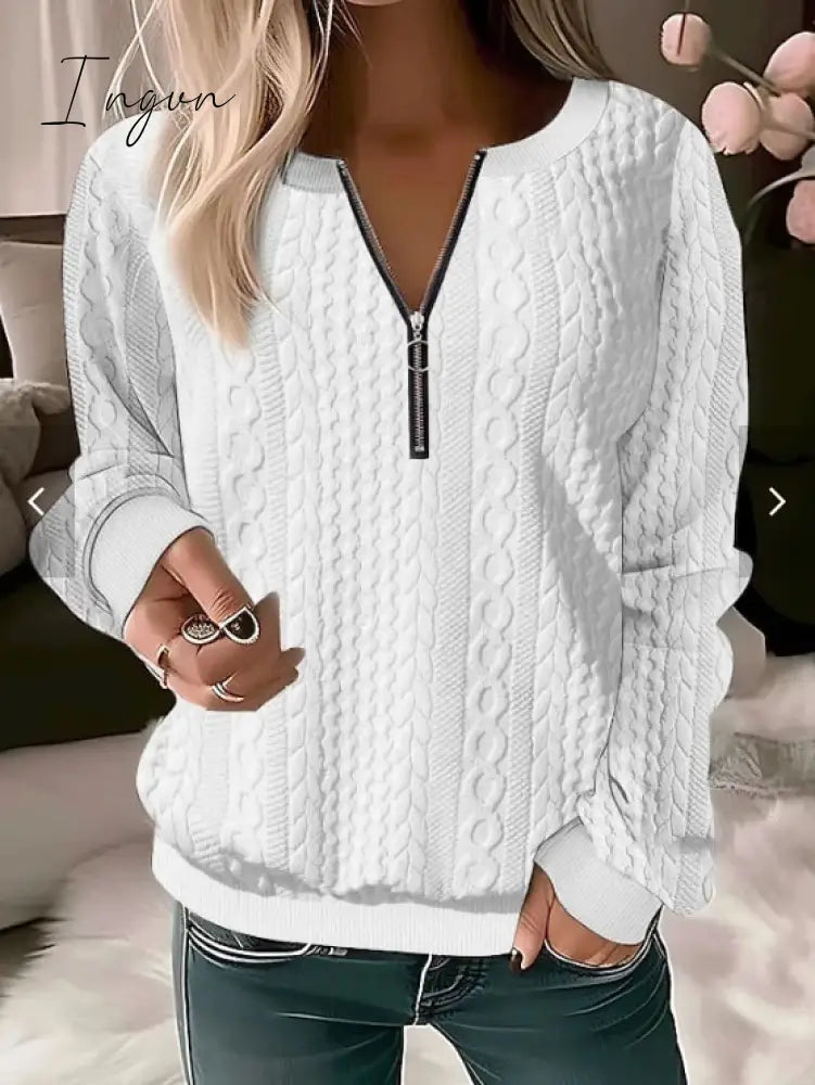 Ingvn - Women's Sweatshirt Pullover Basic Quarter Zip Blue Solid Color Casual V Neck Long Sleeve Textured Top Micro-elastic Fall & Winter