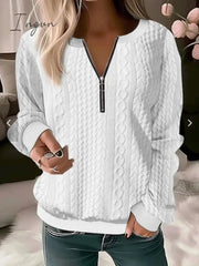 Ingvn - Women's Sweatshirt Pullover Basic Quarter Zip Blue Solid Color Casual V Neck Long Sleeve Textured Top Micro-elastic Fall & Winter