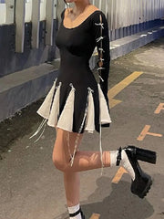 Lace Up High Waist Dress For Women Folds Splice Bodycon Mini Dress Hot Girls Street Slim See Through Dresses Woman Autumn