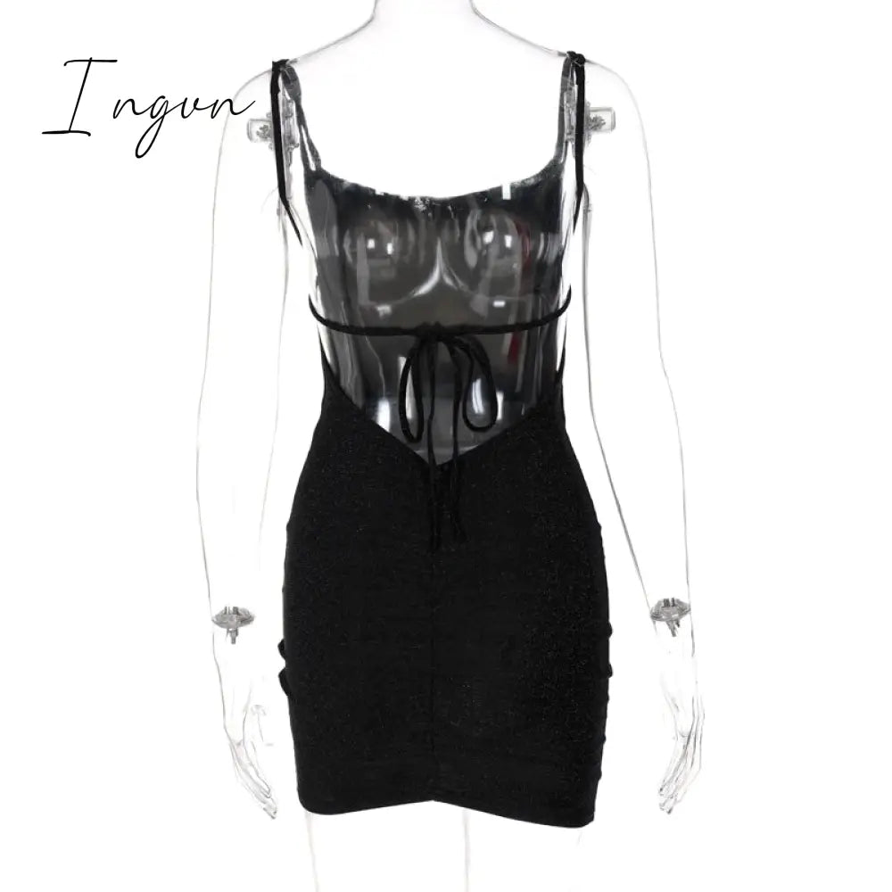 Ingvn - Bling Glitter Sequin Women Strap Mini Dress Ruched Lace Up Backless Bodycon Sexy Party Club Autumn Winter Elegant