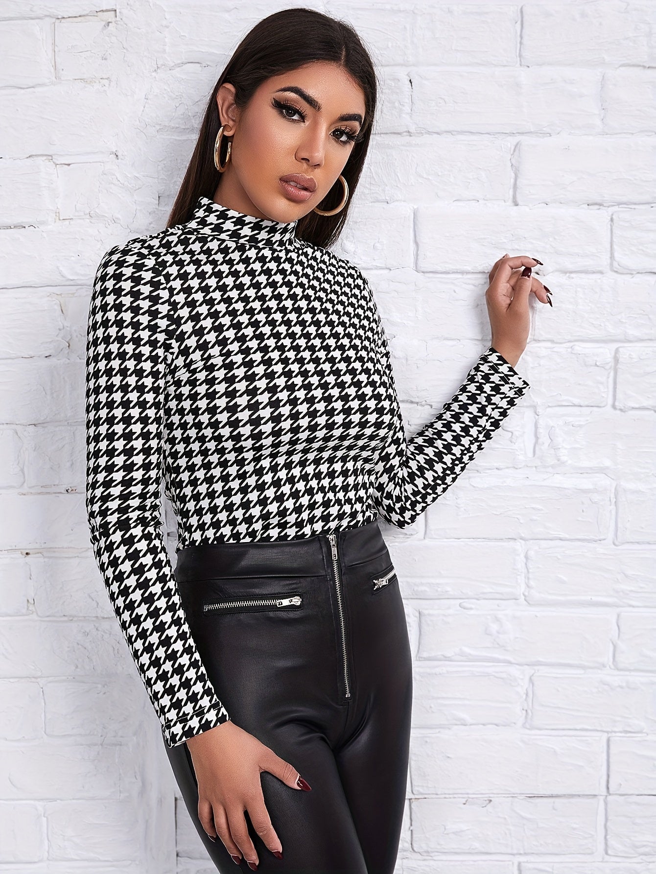 Houndstooth Print Mock Neck T-Shirt, Casual Long Sleeve Slim T-Shirt For Spring & Fall, Women's Clothing