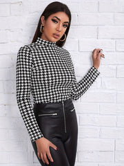 Houndstooth Print Mock Neck T-Shirt, Casual Long Sleeve Slim T-Shirt For Spring & Fall, Women's Clothing