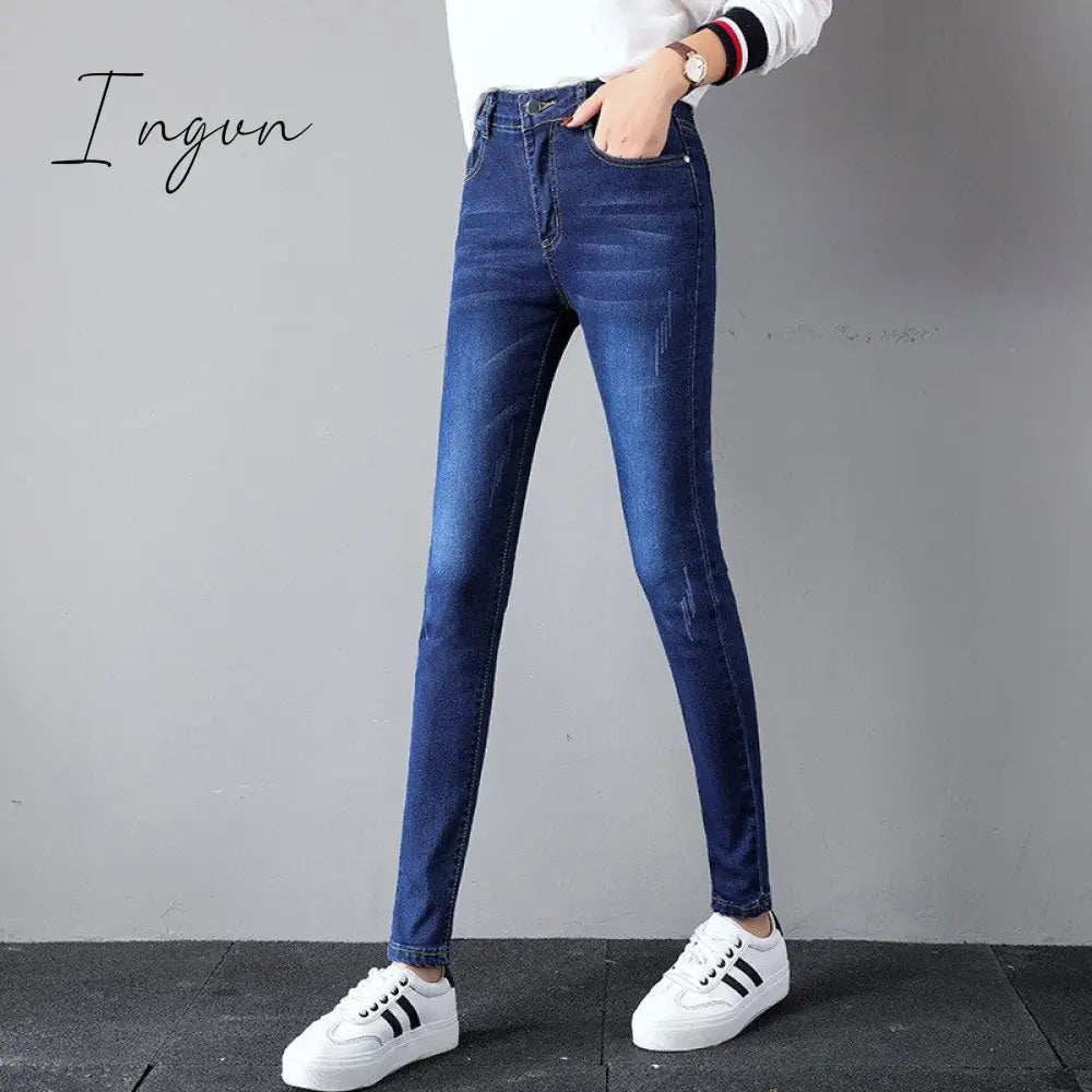 Ingvn - Black Women Autumn Washed  Jeans Mid Waist Y2k Cotton Fashion Chic All-match Pants Slim Shinny Stretch Casual Denim Pencil Jeans
