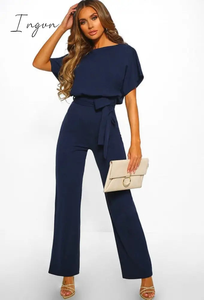 Ingvn - Women Summer Jumpsuit Short Sleeve Elegant jumpsuit Long wide leg Pants High waist Casual Bodysuit Plus Size Overalls Loose