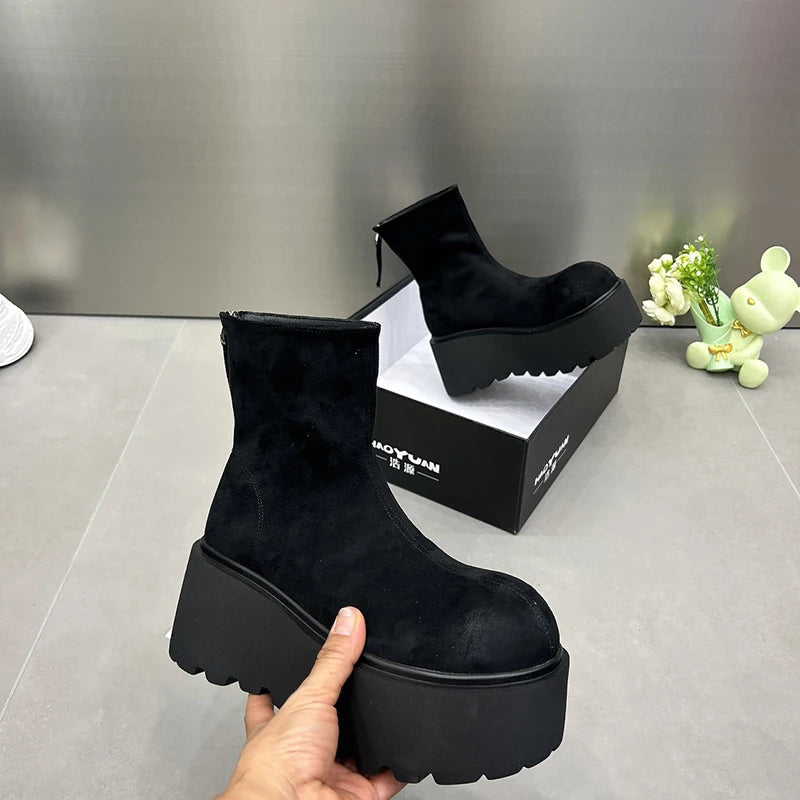 Ingvn  Winter Women Stretch Modern Boots Casual Short Booties Ladies Platform Wedges High Heels Shoes
