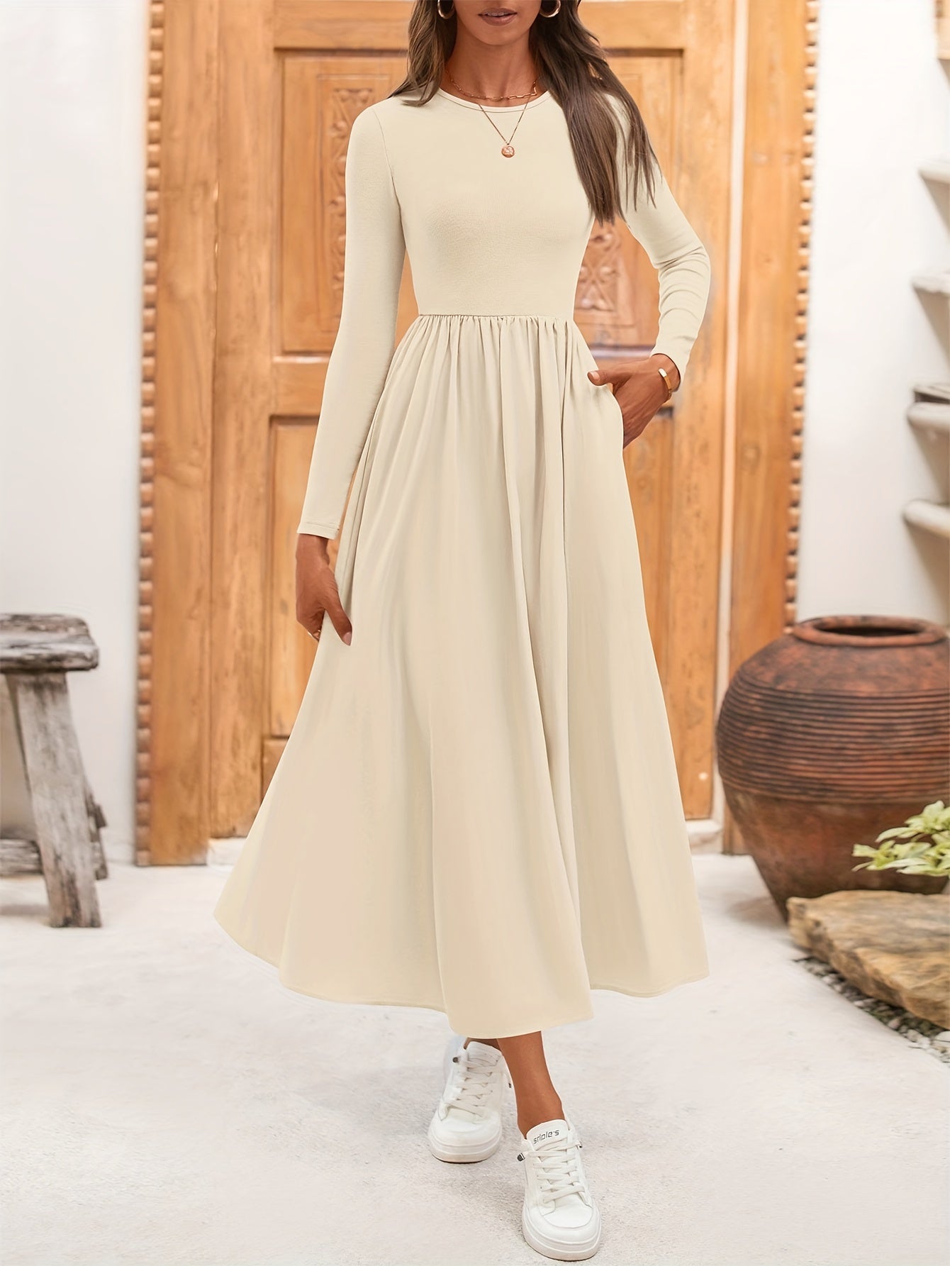 Ladies Casual Long Sleeve Wedding Guest Dress Fall Dress Elegant Bohemian Style Flowing Mid-length Dress With Pockets
