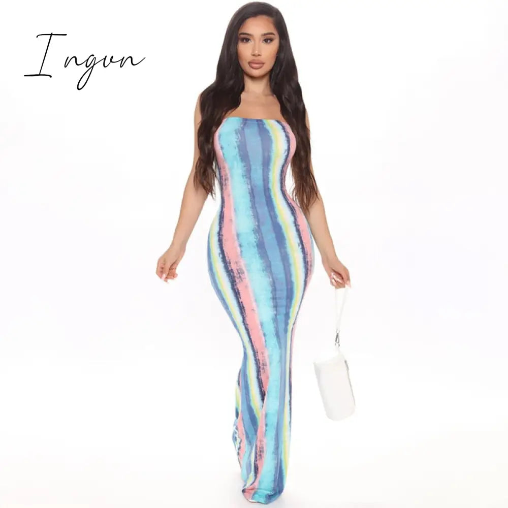 Ingvn - Stripe Tie Dye Print Sexy Maxi Dress Spring Casual Long Dress Women Nightclub Long Sleeve Bodycon Dresses C70CC31