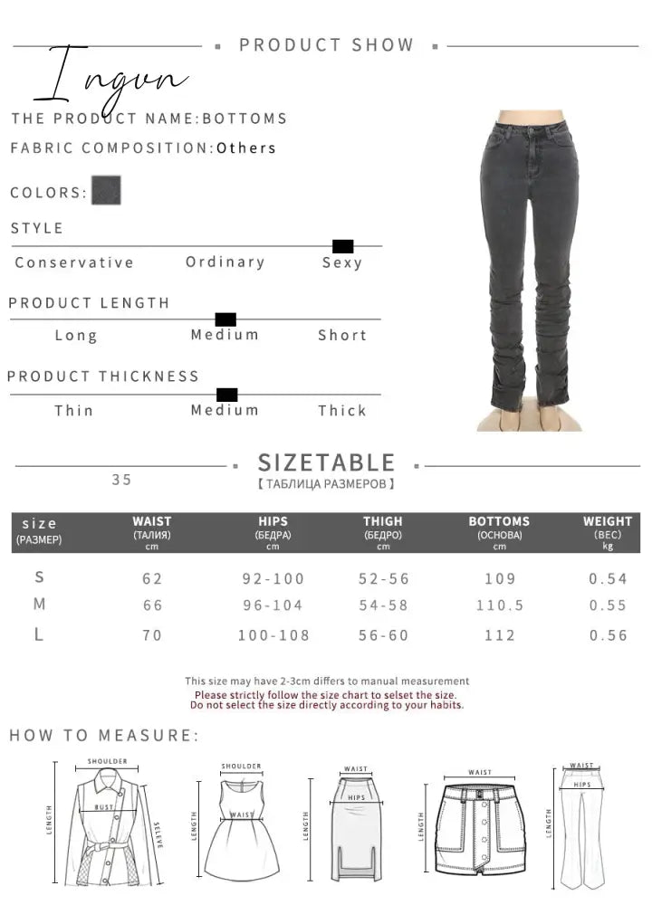 Ingvn - Grey Split Denim Stacked Pants Zip Up Baddie Style Streetwear Pencil Jeans For Women High Waist Bodycon Ruched Trousers