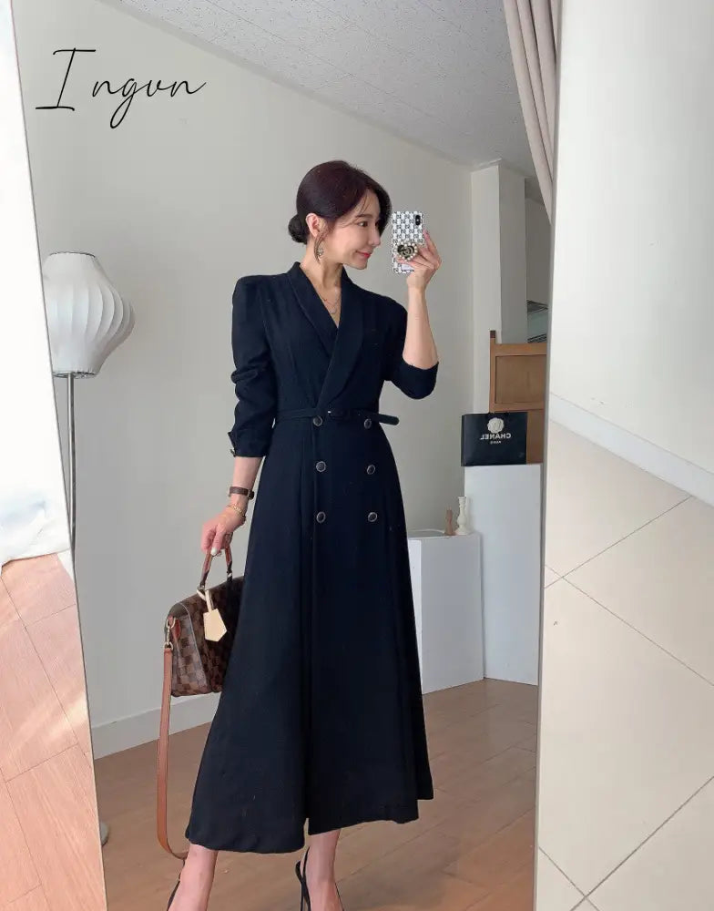 Ingvn - New French Spring Elegant Double Breasted Belted Sashes Women Suit Dress Autumn Office Long Sleeve Slim Waist Female Dress