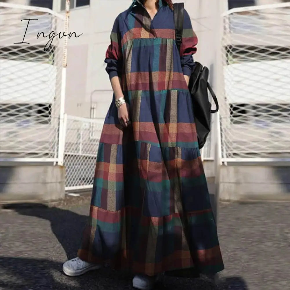 Ingvn - Summer Stylish Women Vintage Long Sleeve Loose Sundress Casual Long Maxi Dress Kaftan Femme Solid Party Vestido Robe