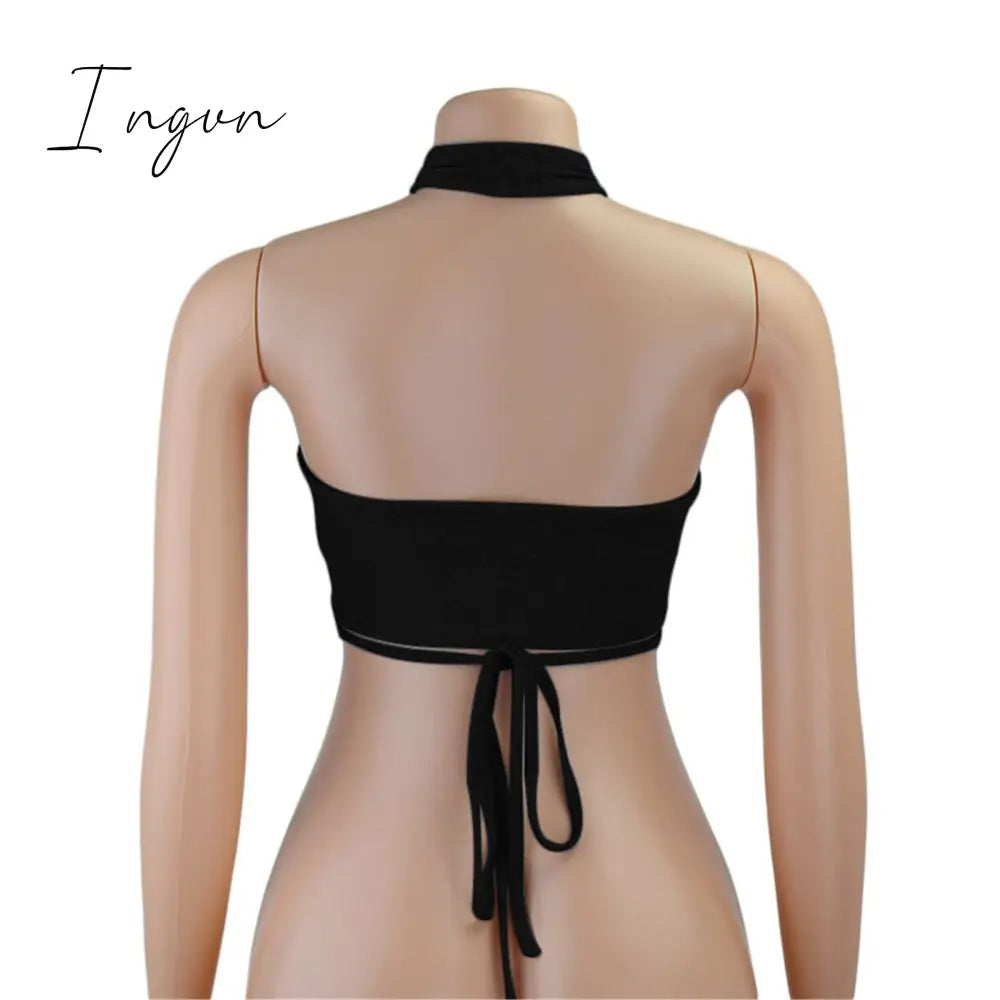Ingvn - Women Summer Tank Tops Sexy Solid Color Cross Halter Neck Hollow Out Camisole Tie Backless Bandage Cropped Bustier Vest