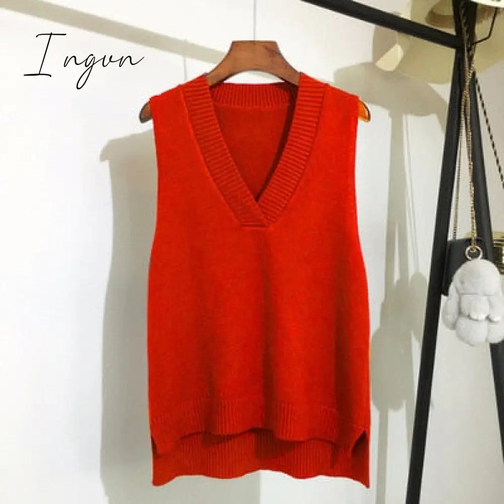 Ingvn - Autumn Women's Sweater Vest V-neck Sleeveless Irregular Casual Loose Knitted Pullover Tops Female Outerwear
