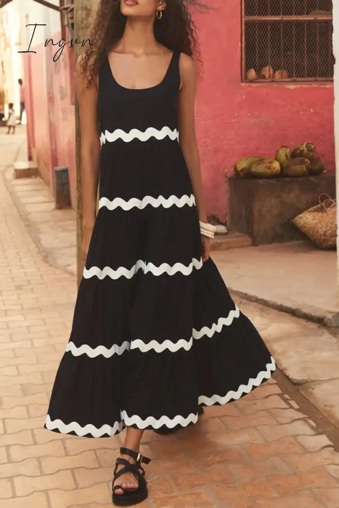 Ingvn - Sexy Simplicity Print Ripple Contrast U Neck Sleeveless Dress Dresses
