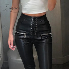 Ingvn - Leather Pant Faux PU Pencil Pant Lace Up High Waist Bandage Slim Skinny Zipper Streetwear Autumn Casual Trousers Women