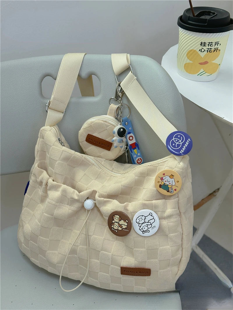 INGVN  Harajuku Style College Crossbody Bag Solid Color Plaid Print Large Capacity Shoulder Bag New Cute Fashion Designer Handbag