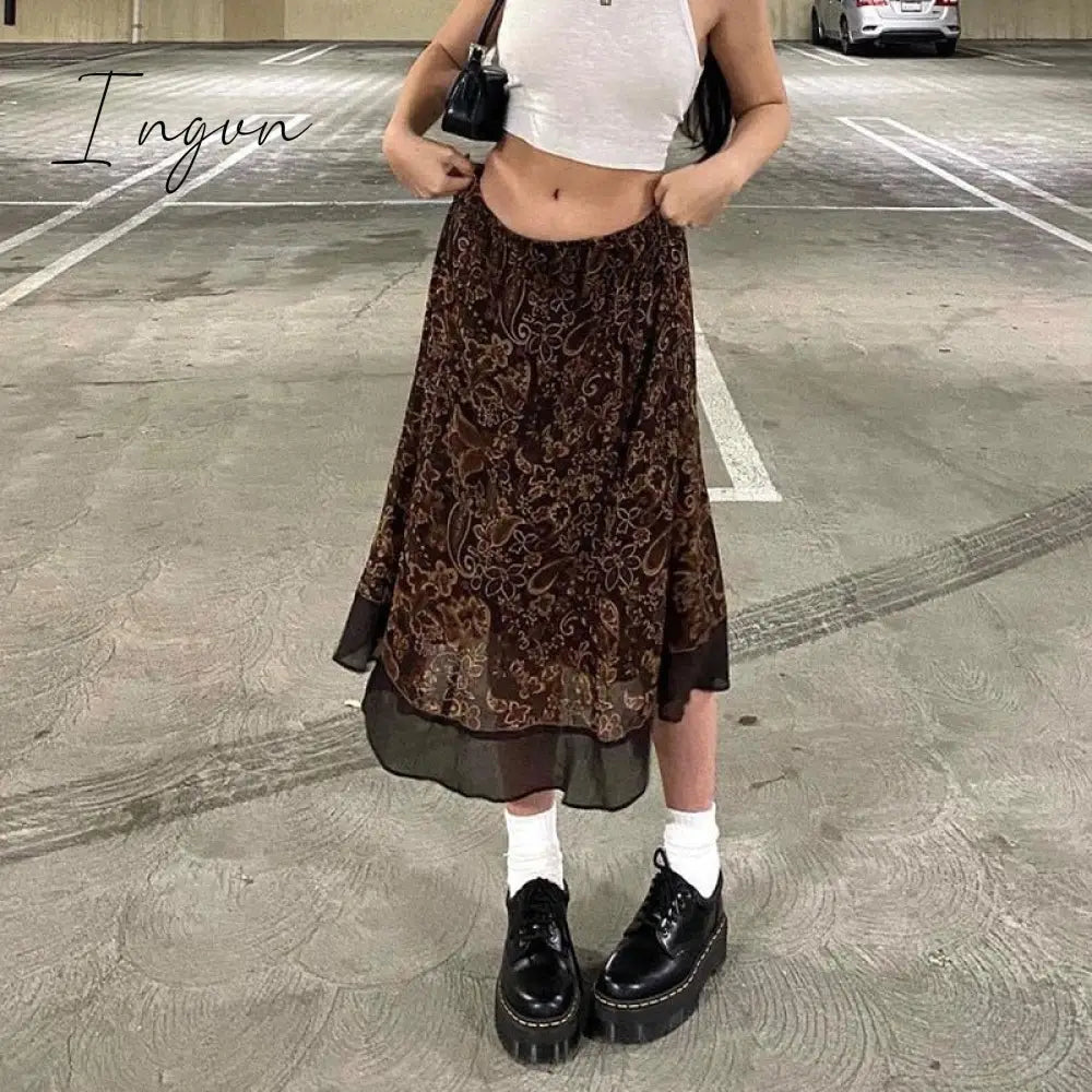 Ingvn - Autumn Fairy Grunge Long Tulle Skirts Women Kawaii Plaid Black Skirt Harajuku Low waisted Skirt Korean Fashion