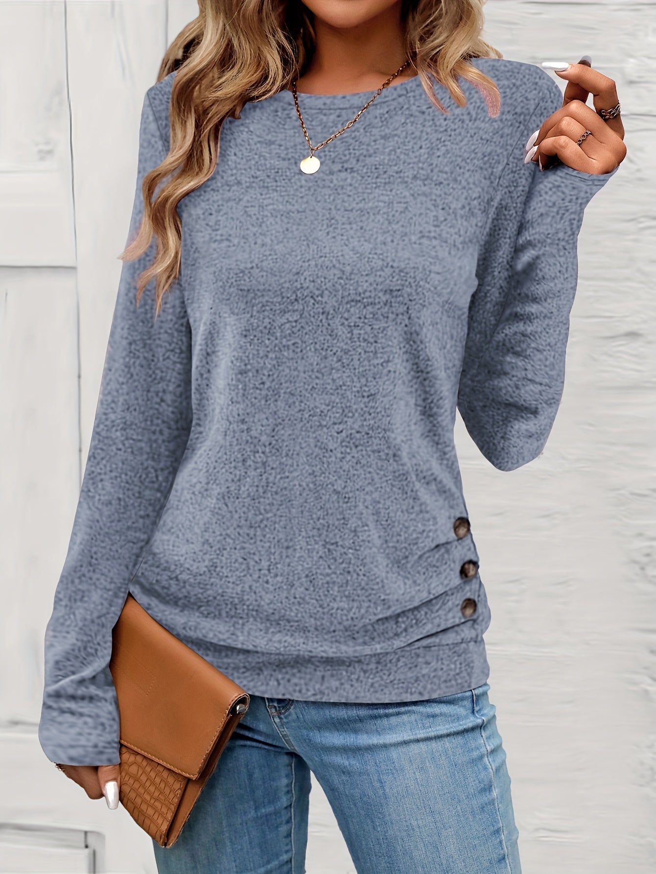 Button Decor Ruched T-Shirt, Casual Long Sleeve Top For Spring & Fall, Women's Clothing