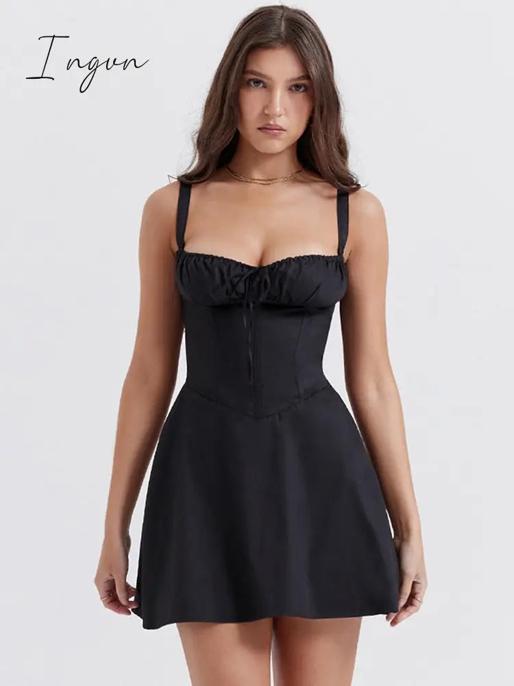Ingvn - Spaghetti Strap Backless Mini Dress Women A-line Lace Up Sleeveless Robe Ladies Elegant Holiday Sexy Party Dress