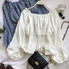 Ingvn - Youth Elegant Blouse Women Chiffon Fashion Blouse Off Shoulder White Shirt Ruffle Puff Sleeve Top Office wear