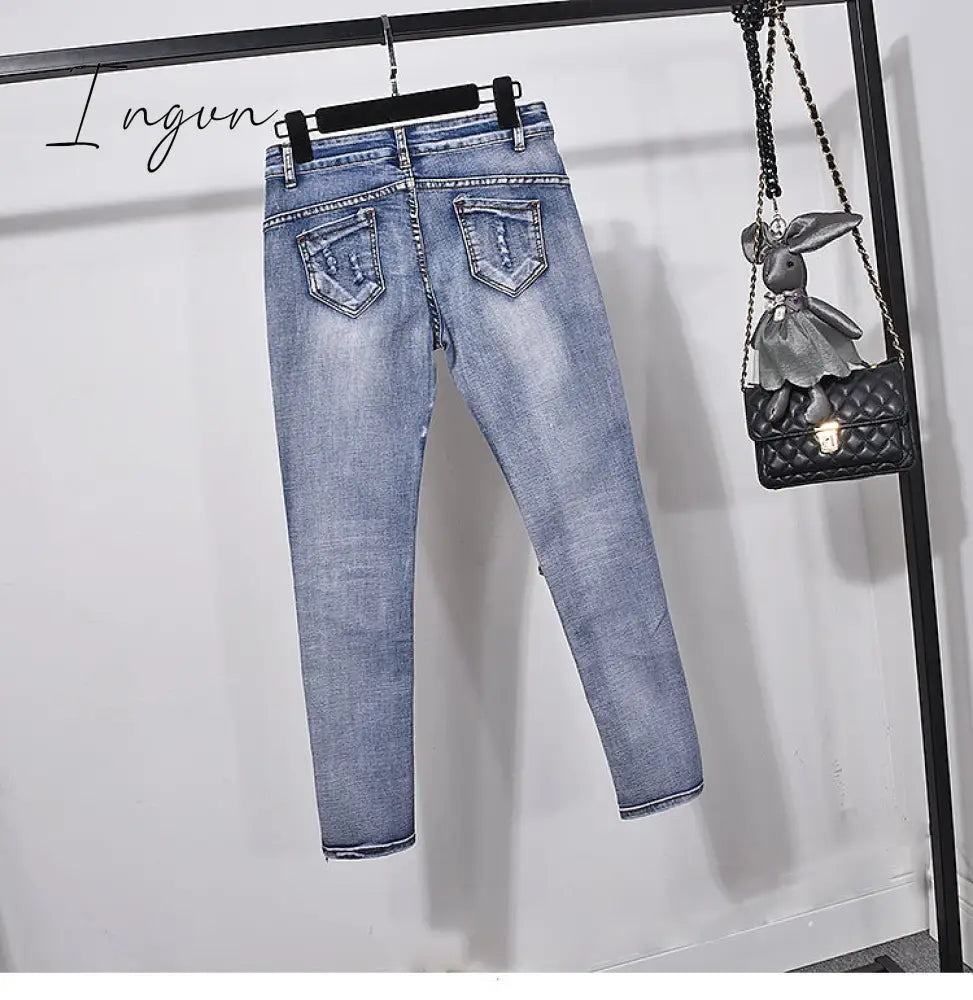 Ingvn - European Style Denim Suit Fashion Outfit Women New Flower Sequined Denim Jacket Short Jacket &amp; Jeans Pants Two-Piece Set Female