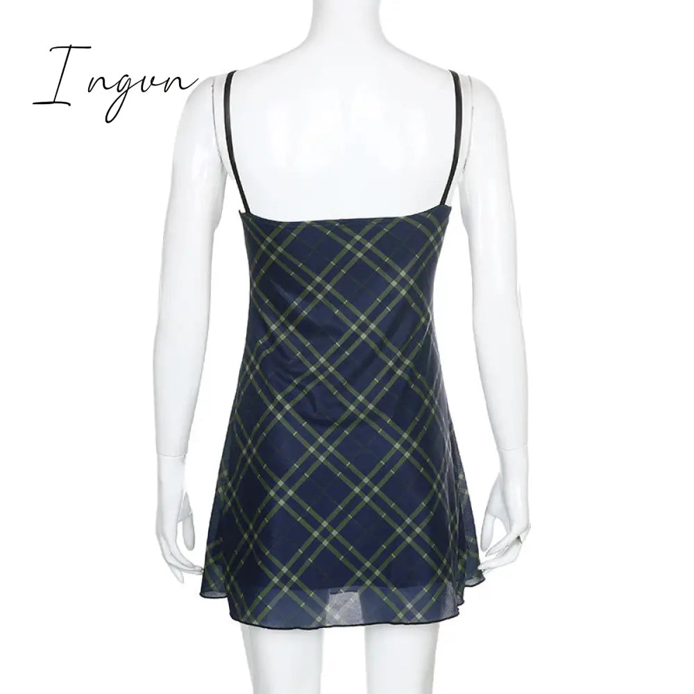 Ingvn - E-Girl 90s Spaghetti Strap Bandage Front Ruffles Plaid Dresses Vintage Mesh V-neck Backless A-line Mini Dress Partywear