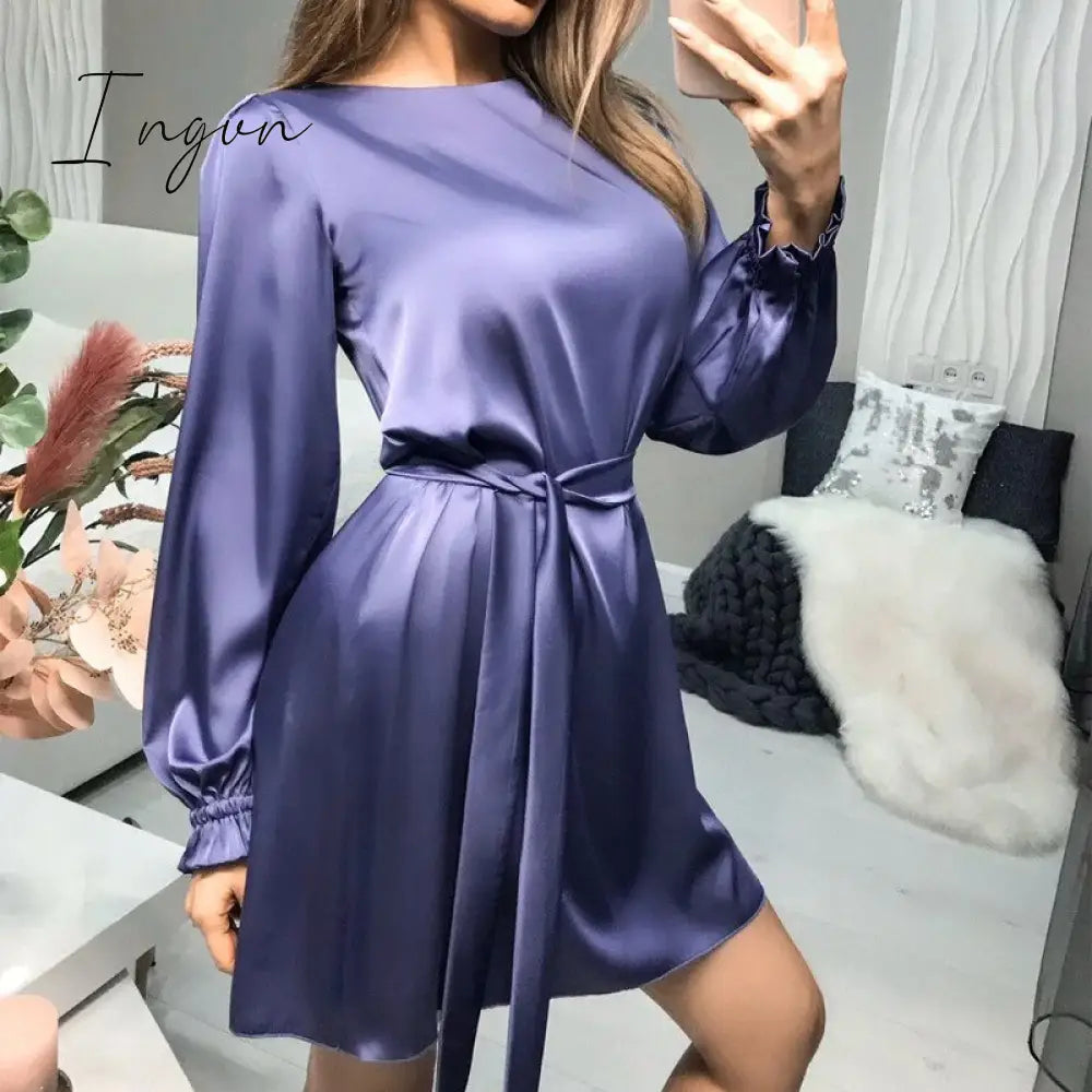 Ingvn - Elegant Vintage Sashes Satin A-line Dress Women Autumn New Lantern Sleeve O Neck Solid Casual Party Vestidos Fashion Robes