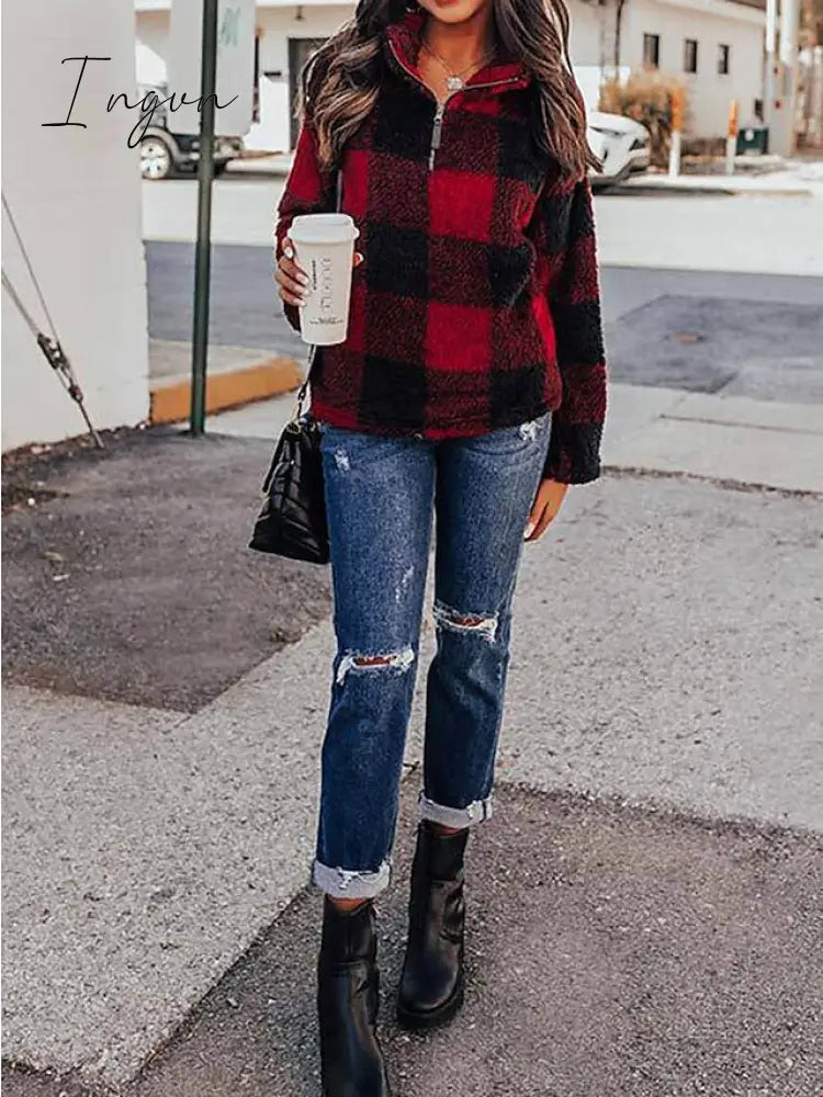 Ingvn - Women's Sweatshirt Pullover Fuzzy Teddy Quarter Zip Red Khaki Plaid Casual V Neck Long Sleeve Fleece Top Micro-elastic Fall & Winter
