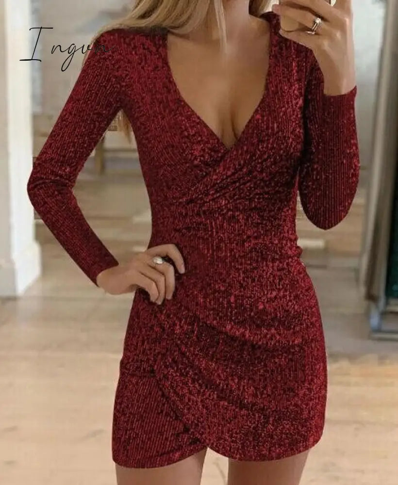 Ingvn - New Sexy Women Dress Sequins Glitter Women V-neck Long Sleeve Self Cultivation Dresses Elegant Ladies Party Dress