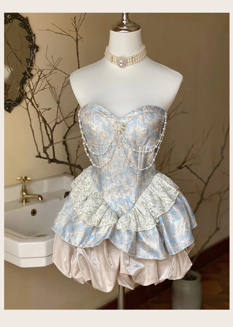 Sweet Elegance Retro Jacquard Strapless Dress for Women Lolita Dresses Cute Pearl Pendant Slim Fit Patchwork Sexy Mini Dress