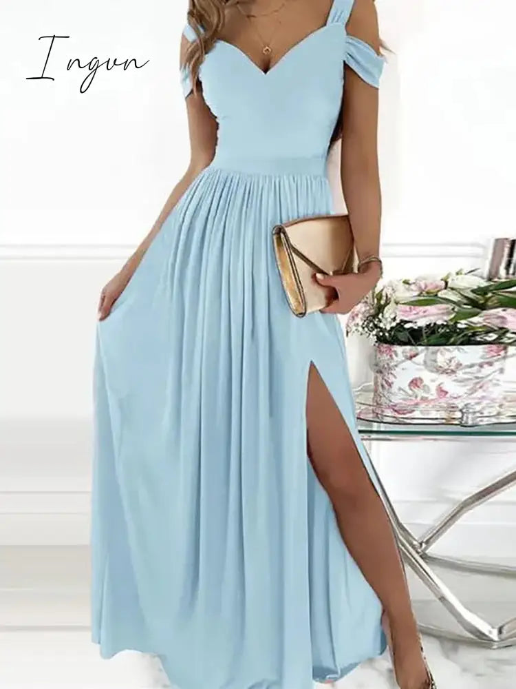 Ingvn - Female Short Butterfly Sleeve Split Fork Party Dress Solid Slim V Neck High Waist Dress Women Casual Summer Maxi Dress Vestidos