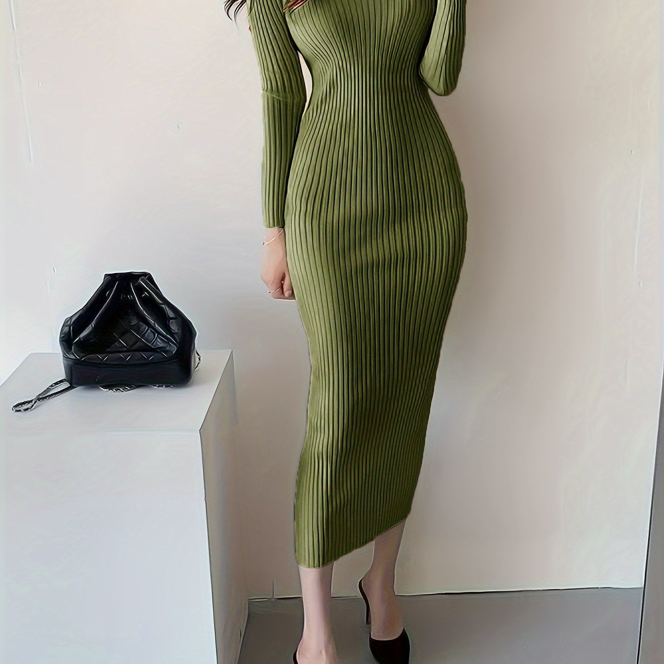 Solid Color Ribbed Long Sleeve Dress, Casual Knitted V Neck Dress For Spring & Fall, Women's Clothing