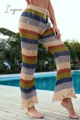 Ingvn - Casual Patchwork Hollowed Out Contrast Regular High Waist Trousers