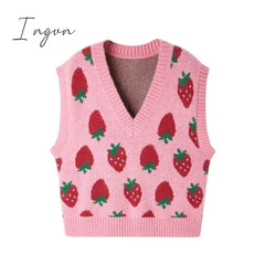 Ingvn - Sweater Vests Women Pink Knitwear Strawberry-print Harajuku Sweet All-match Chic Soft Casual Classic Simple Streetwear