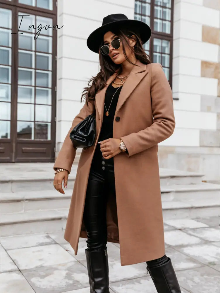 Ingvn - Solid Color Long Sleeve Suit Collar Woolen Coat