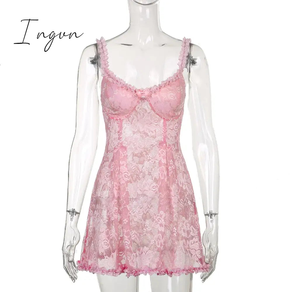 Ingvn - Sweet Cute Lace Cami Dress See Through Sexy Slim Sleeveless Ruffles Bow A-Line Mini Dresses For Women Summer Spring Lady