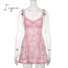 Ingvn - Sweet Cute Lace Cami Dress See Through Sexy Slim Sleeveless Ruffles Bow A-Line Mini Dresses For Women Summer Spring Lady