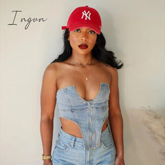 Ingvn - Summer New Irregular Strapless Zipper Denim Crop Top Corset Women Blue Jeans Tube Tops Party Clubwear Streetwear Clothes