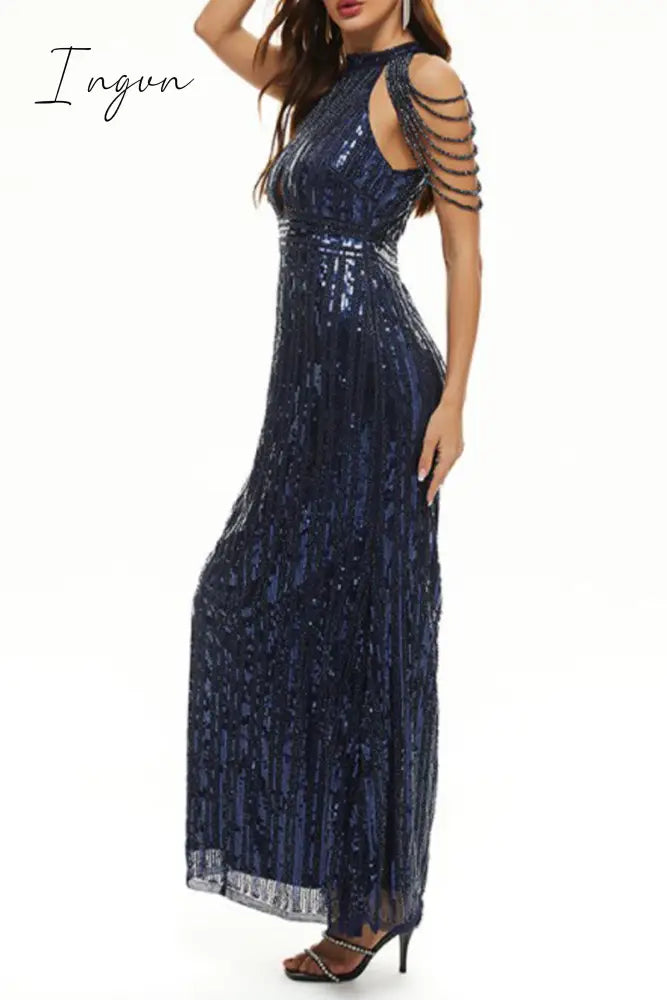 Ingvn - Celebrities Elegant Solid Sequins Patchwork O Neck Evening Dress Dresses