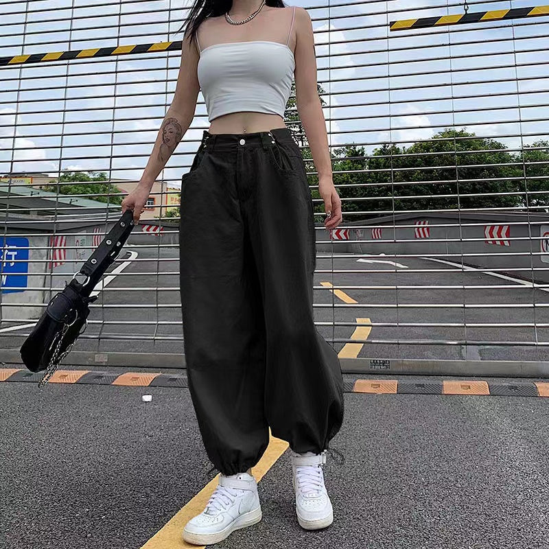 Khaki Oversized Cargo Baggy Pants Y2K Hip Hop Style Loosed  Adjustable Waist Drawstring Long Pant Streetwear 90s Style Clothes
