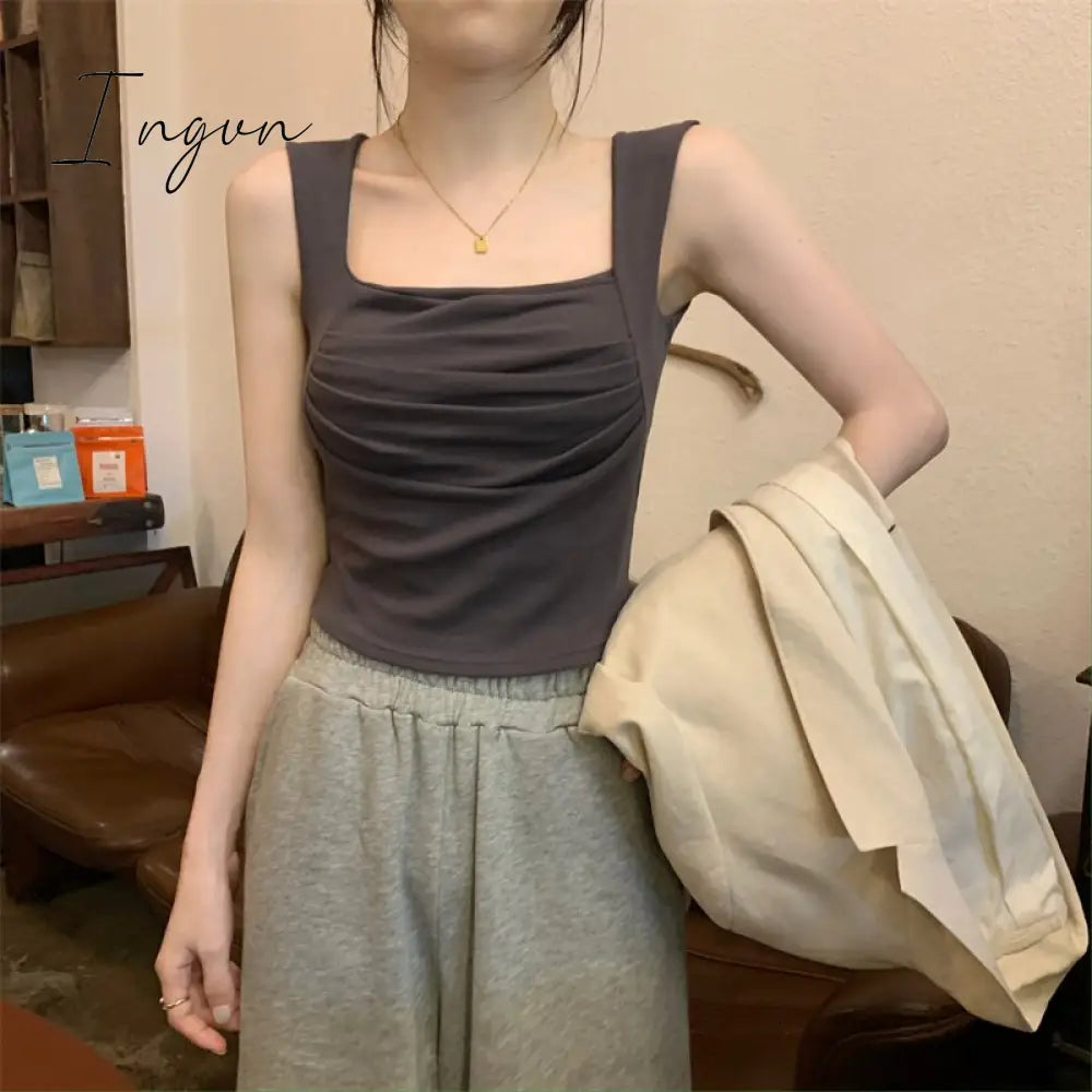 Ingvn - Solid Tank Top for Women Summer 2023 New Korean Fashion Sleeveless Square Collar Slim Crop Top Chic Casual Y2k Tanks