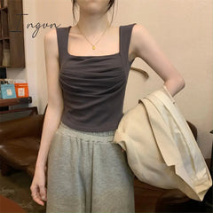 Ingvn - Solid Tank Top for Women Summer 2023 New Korean Fashion Sleeveless Square Collar Slim Crop Top Chic Casual Y2k Tanks