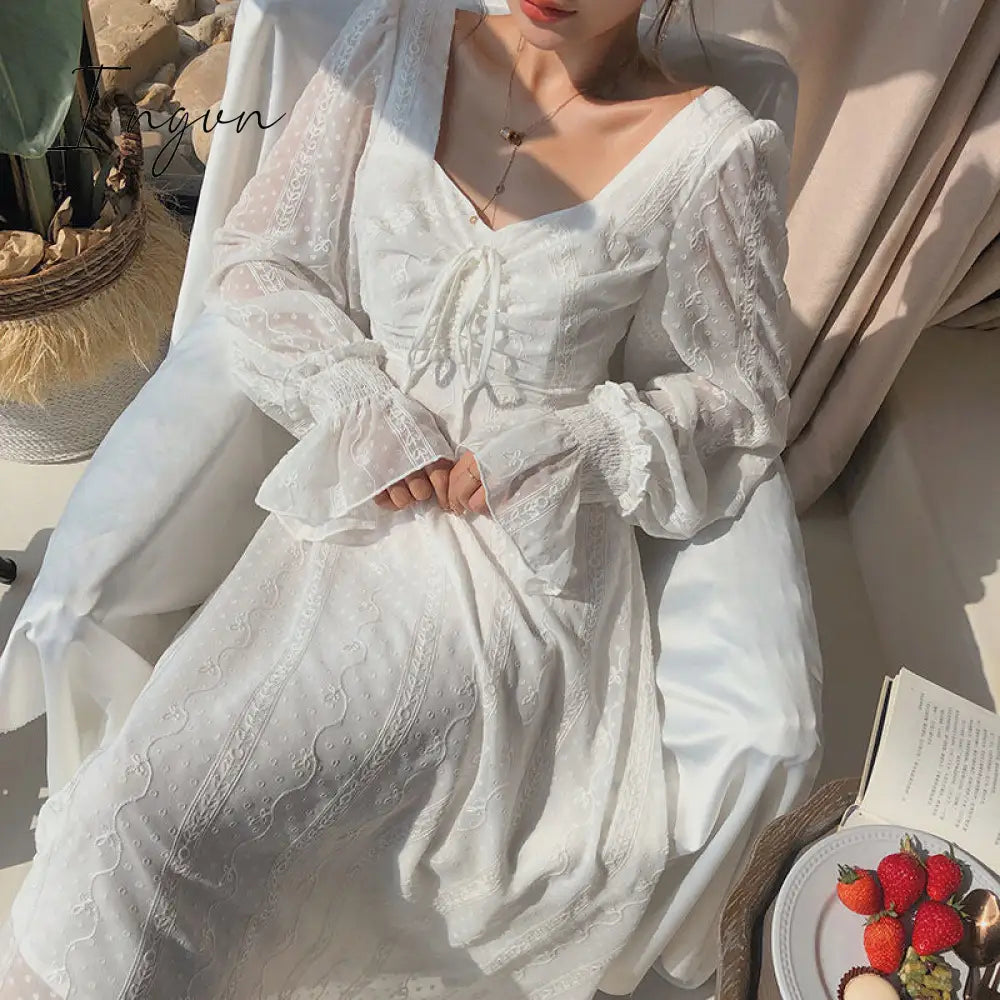 Ingvn - Vintage Fairy Dress Women Elegant Designer Chiffon Dress Long Sleeve French Party Midi Dress Casual Women's Clothing Autumn