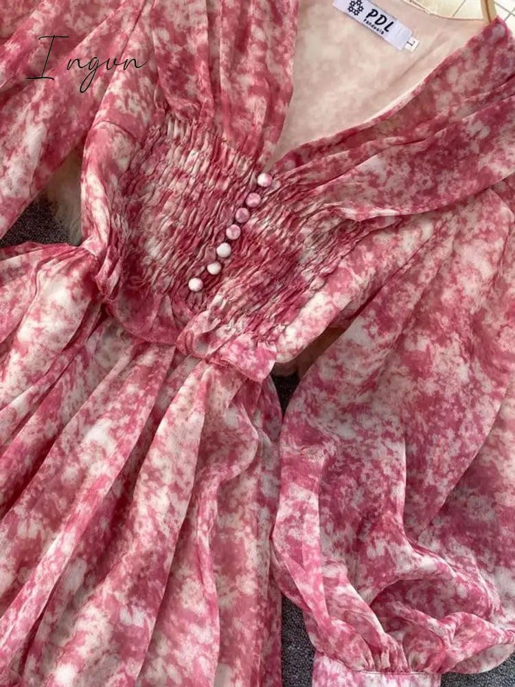 Ingvn - New Fashion Cyber Celebrity Chiffon Floral Print Dress Female Spring Summer French Retro Super Fairy Sweet V-neck Short A-line Dress ML857