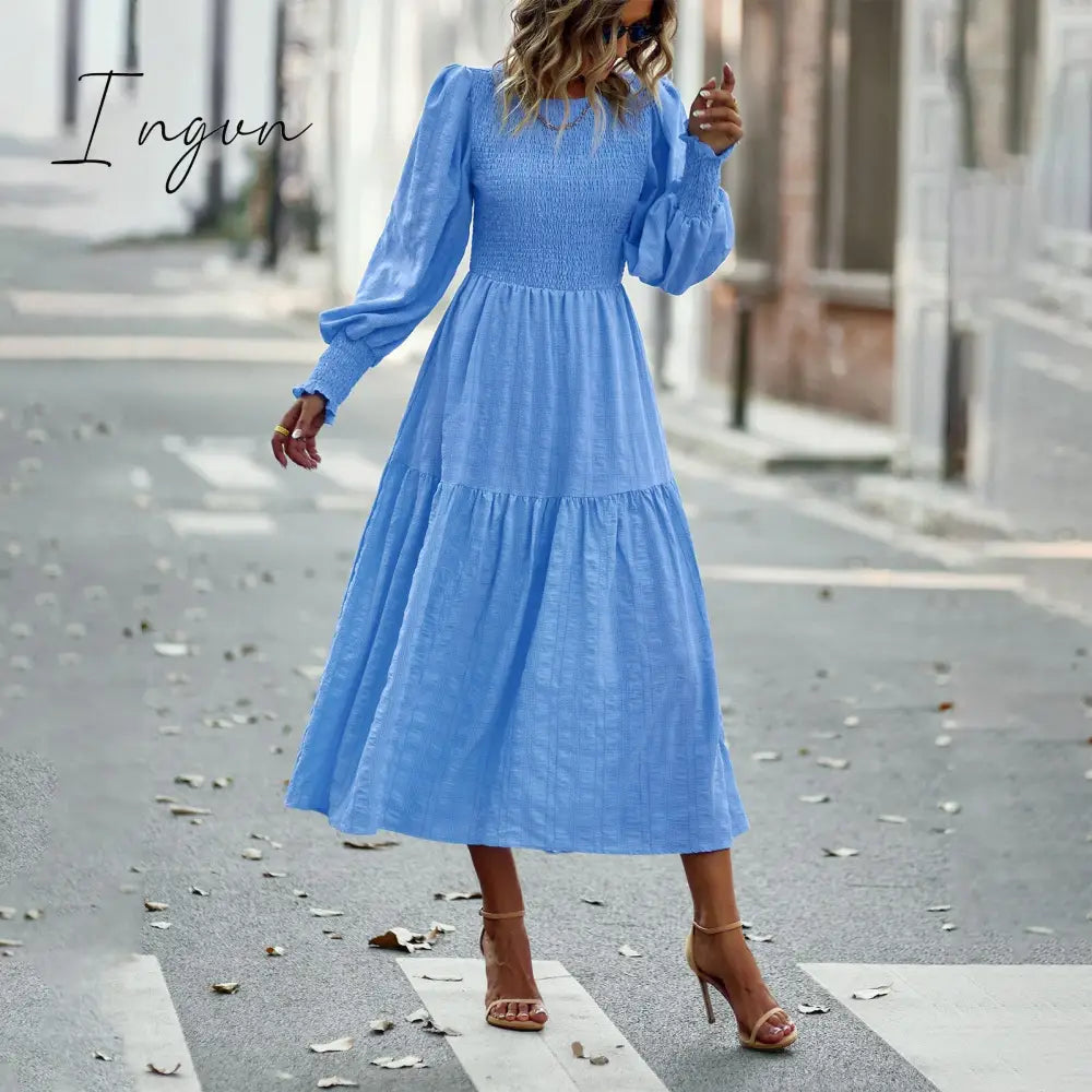 Ingvn - 2023 Spring Casual O Neck Lantern Sleeve Dress Women Loose Elegant Solid A-line Dress Lady Simple High Waist Klein Blue Dress