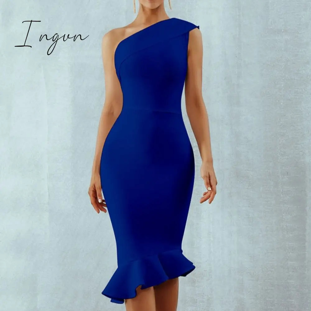 Ingvn - New Summer Women Bandage Dress Sexy One Shoulder Sleeveless Ruffles Nightclub Celebrity Evening Party Mermaid Dresses