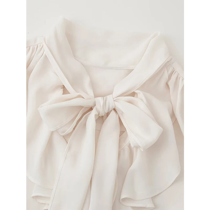 Elegant Ruffle White Shirt Women Lace Up Collar Butterfly Sleeve Casual Office Shirts Spring Summer Blouse Blusas Mujer