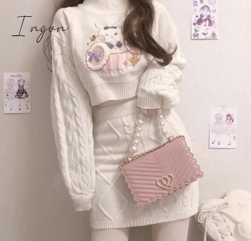 Ingvn - outfits aesthetic Autumn Winter Sweet Lolita Style Skirt Sets Japanese Girls Cute Rabbit Embroidery Kintted Sweater Skirts Spring Women 2PC Set
