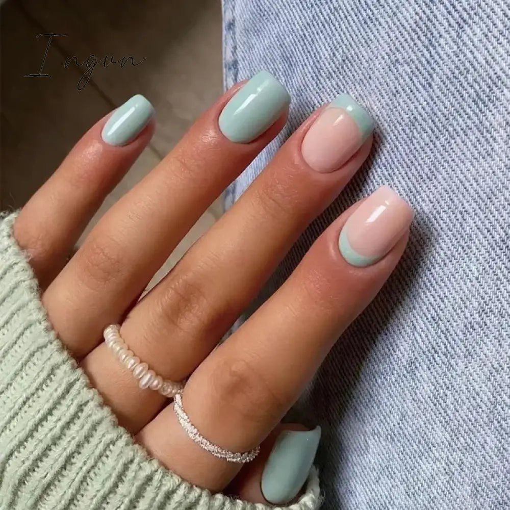 24Pcs French Tip  Press on Nails Short Coffin False Nails Simple Wearable Fake Nails Frosted Full Cover Press on Nail Tips Art